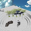 Landscape Pavilion with Green Trees and White Pillars Under Cloudy Sky on Paved Ground