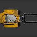Yellow Industrial Forklift Vehicle With White Top And Metallic Forks On Reflective Surface