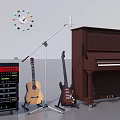 Musical Instruments Setup With Brown Piano Acoustic Electric Guitars Audio Mixer And Microphone Stand