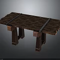 Rustic Wooden Table with Planked Top Secured by Metal Straps and Sturdy Legs