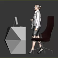 Modern White Geometric Reception Desk With Two Computer Monitors And Office Chair