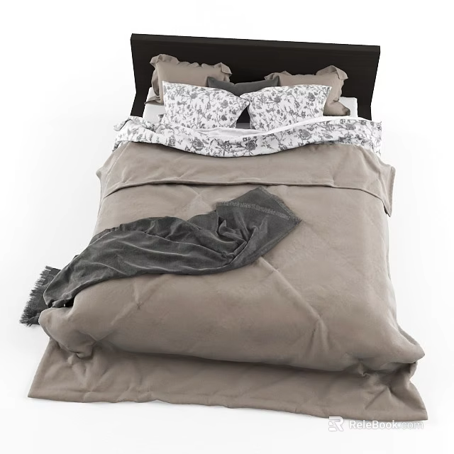 Double Bed with Gray Comforter Gray Throw Blanket Patterned Pillowcases and Dark Headboard 3d model 