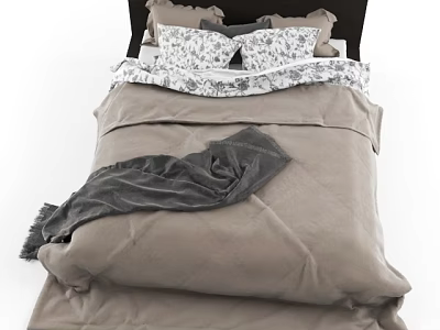 Double Bed with Gray Comforter Gray Throw Blanket Patterned Pillowcases and Dark Headboard 3d model