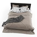 Double Bed with Gray Comforter Gray Throw Blanket Patterned Pillowcases and Dark Headboard 3d model