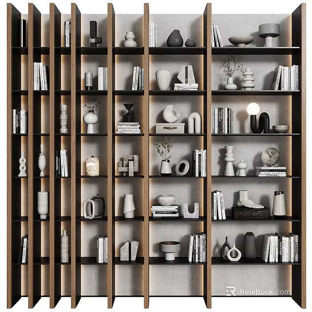 Modern Wooden Shelving Unit Multi Tier Design With Books Decorative Vases And Sculptures 3d model 