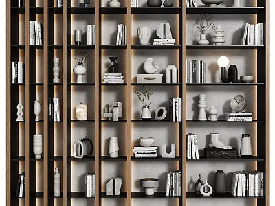 Modern Wooden Shelving Unit Multi Tier Design With Books Decorative Vases And Sculptures 3d model