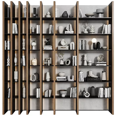 Modern Wooden Shelving Unit Multi Tier Design With Books Decorative Vases And Sculptures 3d model