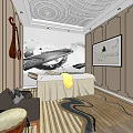 SPA Sauna Interior Design Relaxing Environment with Wooden Paneling Ceiling Artwork and Comfortable Seating