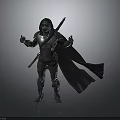 Fantasy Warrior In Medieval Armor With Black Cloak Standing And Holding Sword