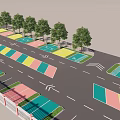 Road Facilities With Colorful EV Charging Parking Spaces Traffic Arrows And Trees
