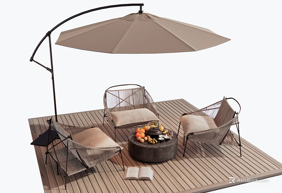 Outdoor Chairs With Metal Frame Padded Seats On Wooden Deck Fire Pit And Patio Umbrella 3d model 