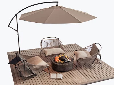 Outdoor Chairs With Metal Frame Padded Seats On Wooden Deck Fire Pit And Patio Umbrella 3d model