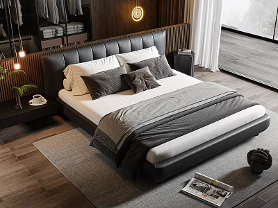 Double Bed In Modern Bedroom With Black Leather Headboard White Gray Bedding And Nightstand 3d model