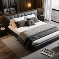 Double Bed In Modern Bedroom With Black Leather Headboard White Gray Bedding And Nightstand