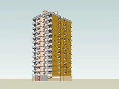 Tall Yellow And Beige Residential Building With Multiple Balconies And Ground Floor Entrance 3d model