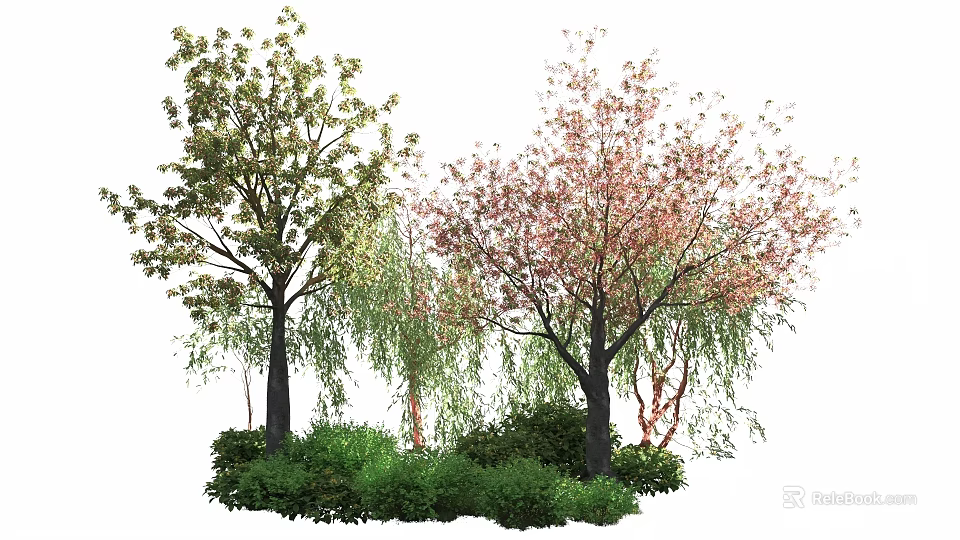 Arbor Trees With Green Leaves And Pink Blossoms Surrounded By Shrubs 3d model 