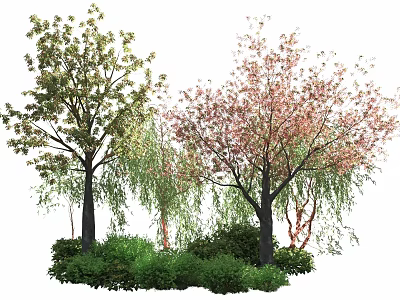 Arbor Trees With Green Leaves And Pink Blossoms Surrounded By Shrubs 3d model