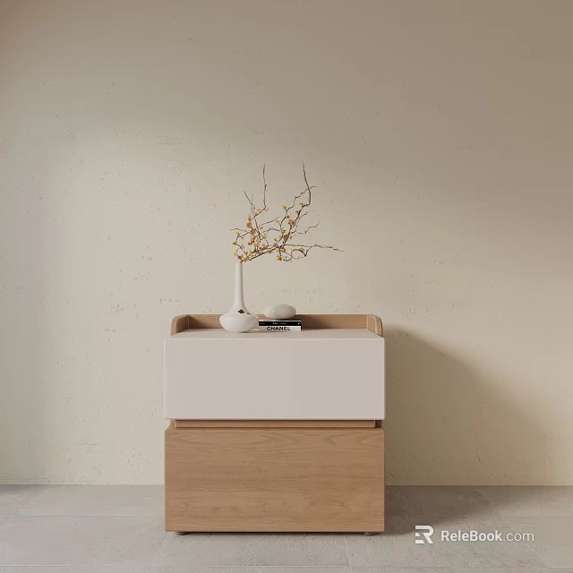Modern Bedside Nightstand With White And Wood Design And Vase With Branches And Books 3d model 