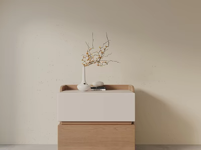 Modern Bedside Nightstand With White And Wood Design And Vase With Branches And Books 3d model