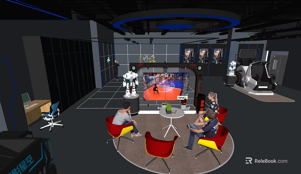 Interactive Tech Space Featuring People Sitting Red Yellow Chairs Round Table Display Screens Robot Models 3d model