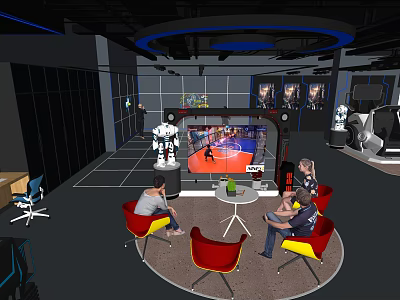Interactive Tech Space Featuring People Sitting Red Yellow Chairs Round Table Display Screens Robot Models 3d model