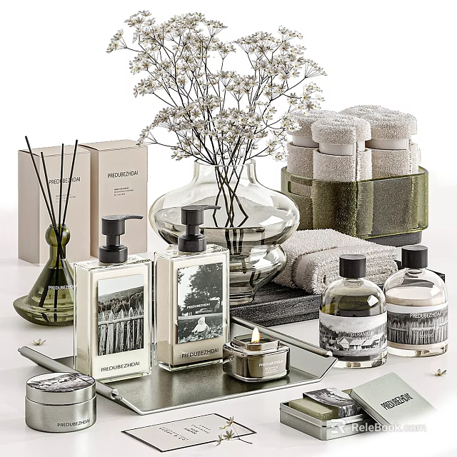 Stylish Bath And Daily Essentials With Fragrance Bottles Towels Candle And Flower Vase 3d model 