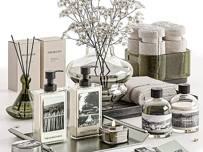 Stylish Bath And Daily Essentials With Fragrance Bottles Towels Candle And Flower Vase 3d model