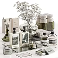 Stylish Bath And Daily Essentials With Fragrance Bottles Towels Candle And Flower Vase