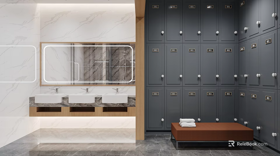Modern Locker Room Interior With Gray Lockers Mirror Sinks And Brown Bench 3d model 