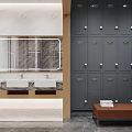 Modern Locker Room Interior With Gray Lockers Mirror Sinks And Brown Bench