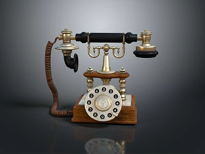 Vintage Style Rotary Dial Telephone With Brass Accents And Wooden Base Design 3d model