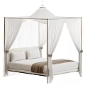 Elegant Double Bed With White Canopy Gold Frame White Pillows And Brown Blanket