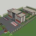 Modern Office Building Exterior Design With Parking Lot And Landscaped Gardens