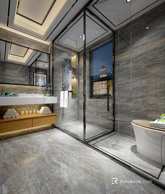 Modern Luxury Bathroom With Marble Finishes Glass Shower Enclosure Freestanding Bathtub And Floating Wooden Vanity 3d model 