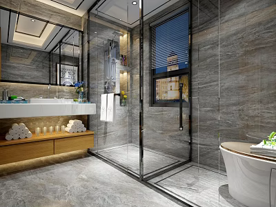 Modern Luxury Bathroom With Marble Finishes Glass Shower Enclosure Freestanding Bathtub And Floating Wooden Vanity 3d model