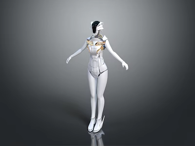Futuristic Game Movie Character 3D Render With White Gold Mechanical Design And Streamlined Body 3d model