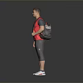Man Standing In Simple Gray Background Wearing Red Shirt And Gray Pants Carrying Bag