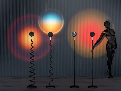 Set of Modern Floor Lamps with Spiral Stands Colorful Light Projections Against Striped Wall 3d model