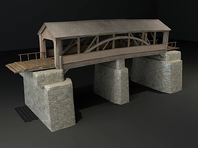 Traditional Covered Bridge With Wooden Structure Stone Piers And Roof Design 3d model