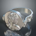 Elegant Silver Ring With Engraved Female Portrait And Intricate Decorative Patterns 3d model