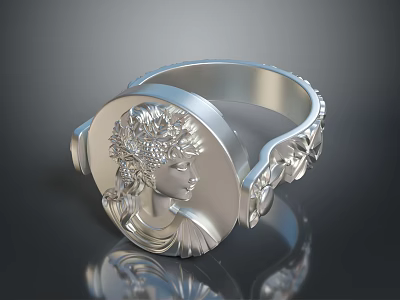 Elegant Silver Ring With Engraved Female Portrait And Intricate Decorative Patterns 3d model