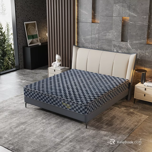 Blue Black Checkerboard Mattress In Modern Bedroom With Light Bed Frame And Nightstand 3d model 