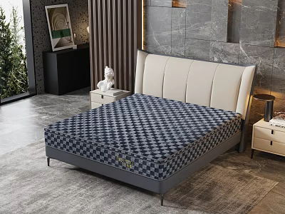 Blue Black Checkerboard Mattress In Modern Bedroom With Light Bed Frame And Nightstand 3d model