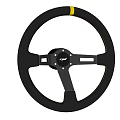 Black Racing Steering Wheel With OMP Logo Yellow Accent And Three Spoke Design