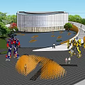 Modern Sales Office Building Exterior Design With Landscaping Water Pond Roadway Cars And Pedestrians