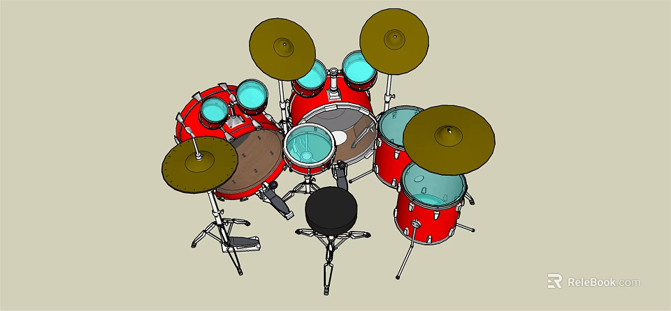 Red Drum Set With Multiple Drums Cymbals And Black Stool Musical Instrument 3d model 
