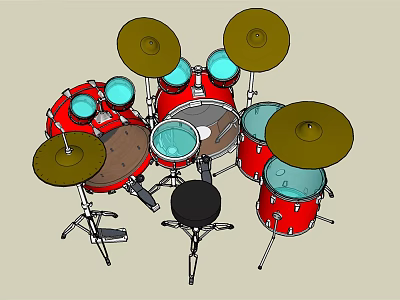 Red Drum Set With Multiple Drums Cymbals And Black Stool Musical Instrument 3d model