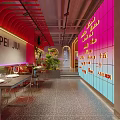 Modern Stylish Restaurant Interior With Neon Lights Red Walls Dining Tables And Display Shelves