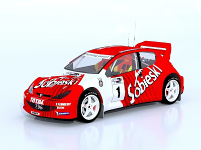 Red And White Rally Racing Car With Sobieski Branding 3d model