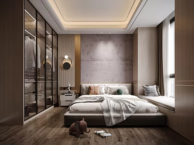 Modern Bedroom with Wooden Accents Glass Door Wardrobe Bedside Accent Wall and Teddy Bear 3d model